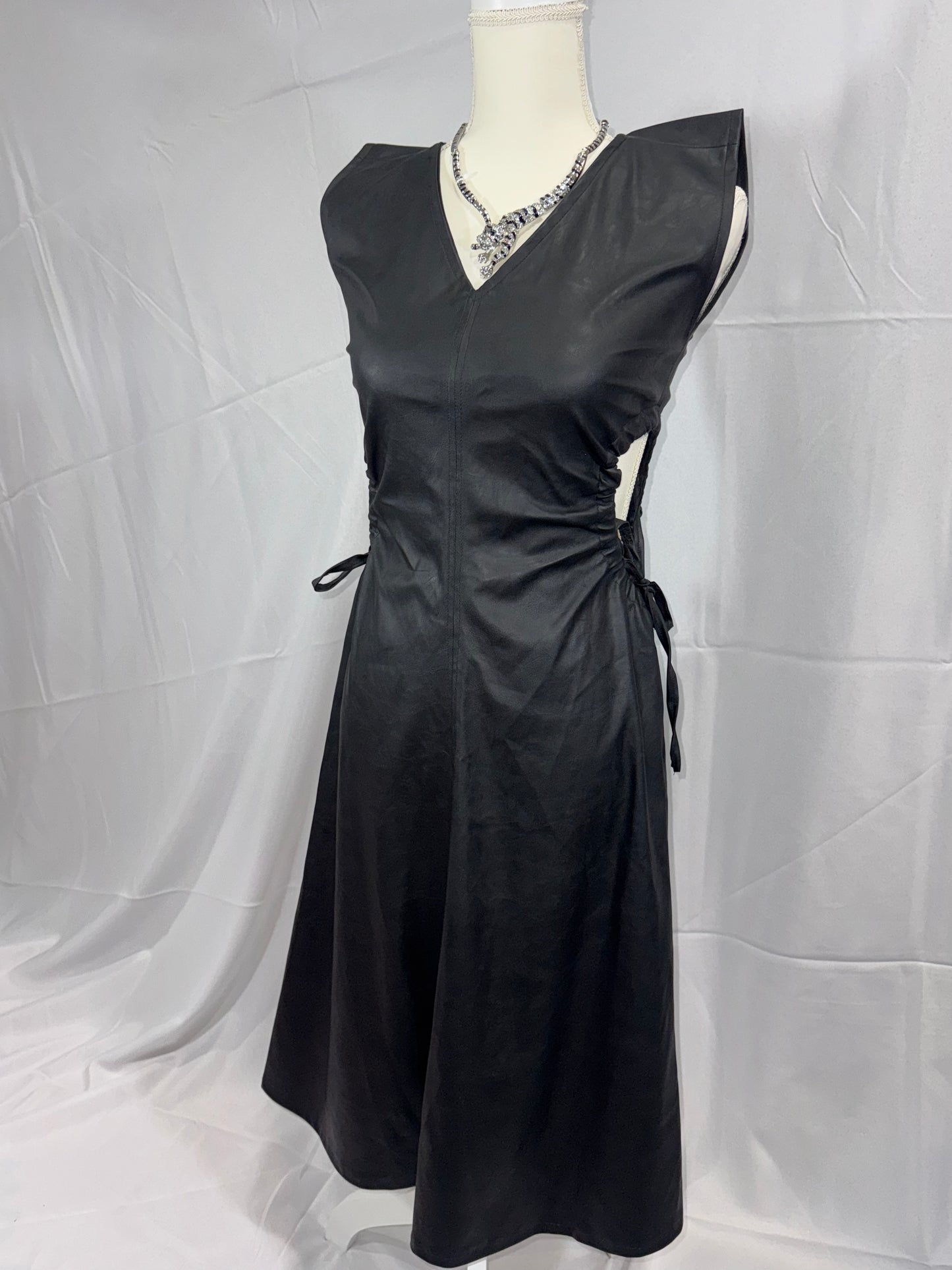Black Faux Leather Couture Peekaboo Dress